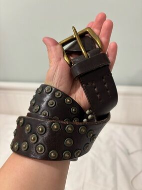 Vintage Heavyweight Full Grain Leather Studded Belt - Dark Brown 33-39” waist